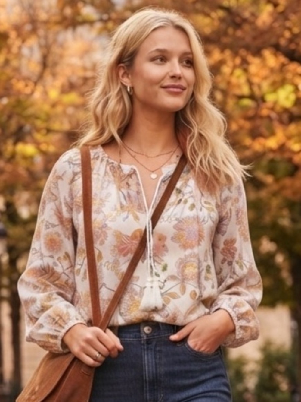 Lucky Brand Floral Peasant Blouse in Cream and Brown